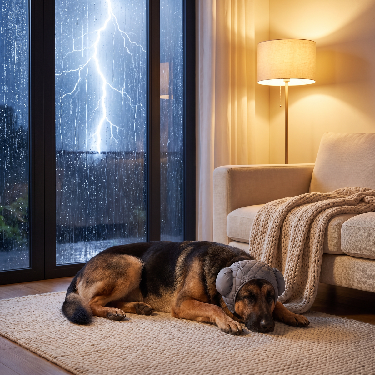 Perro tranquilo durante una tormenta